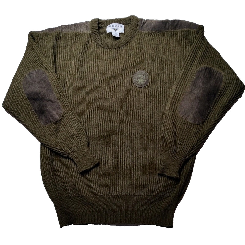 VTG EXPRESSIONS Men‎ Large Acrylic Green with Leather Trim Military Sweater